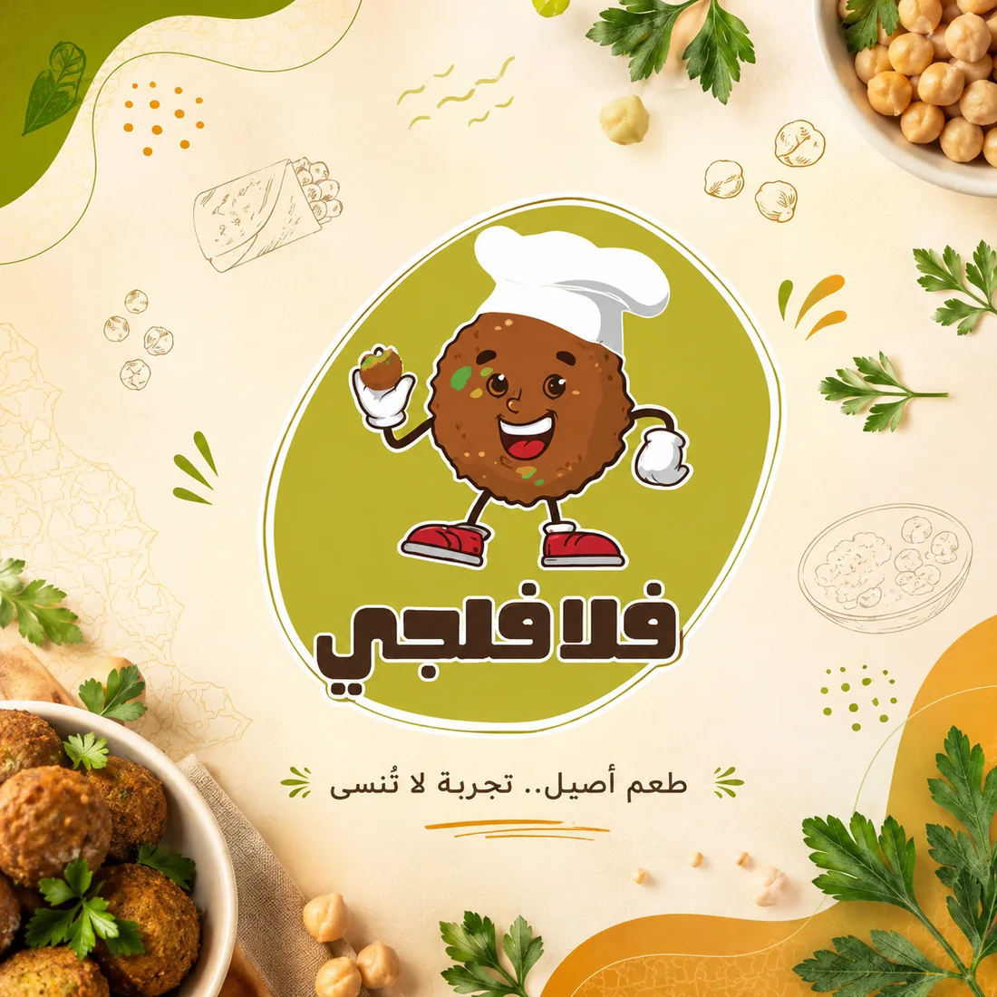 Falafilji cover — the falafel-ball mascot in a chef's hat over the Arabic wordmark فلافلجي, on a cream ground with bowls of falafel, chickpeas and parsley