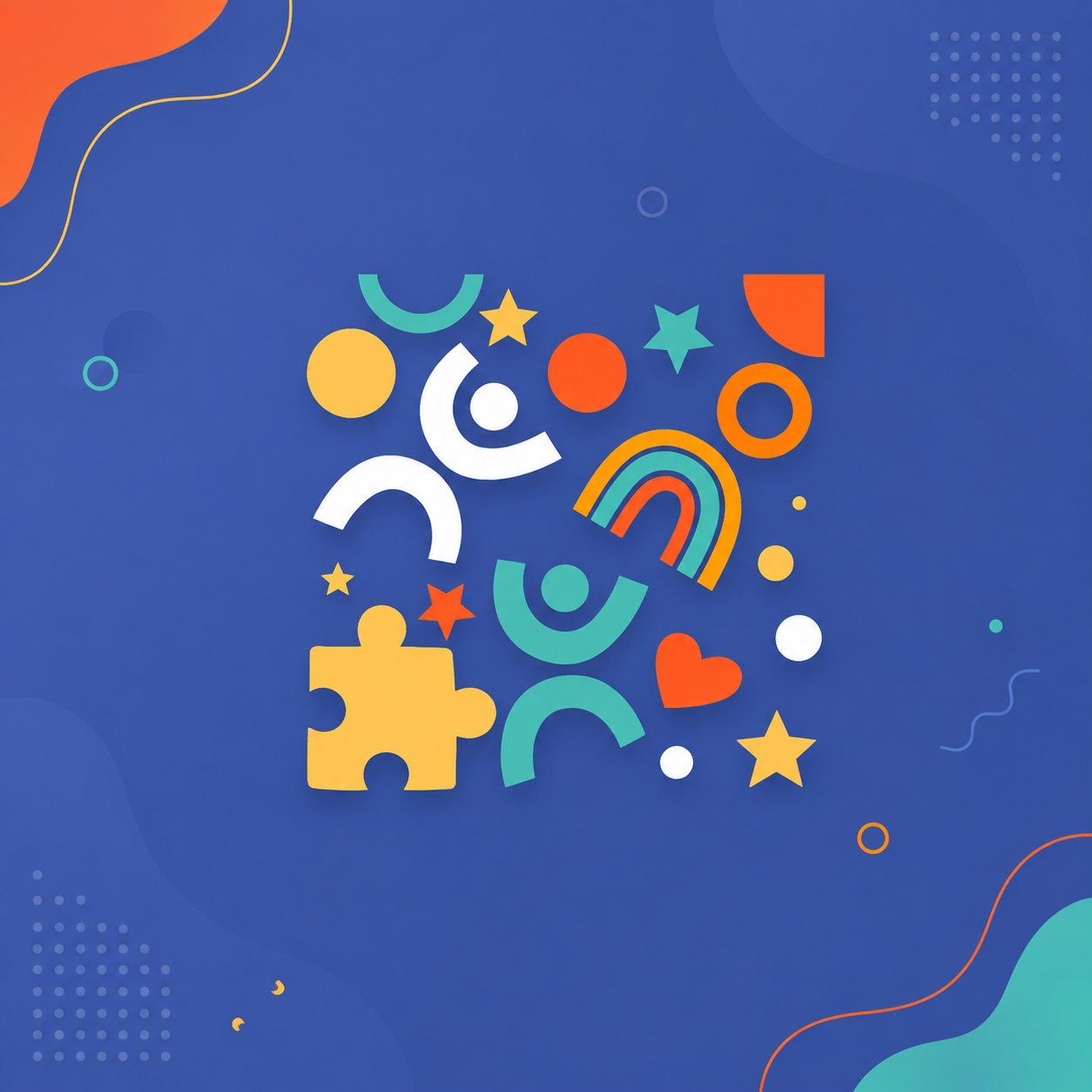 Hiwar brand artwork — flat shapes on blue: figures with raised arms, a rainbow, a puzzle piece, stars and a heart